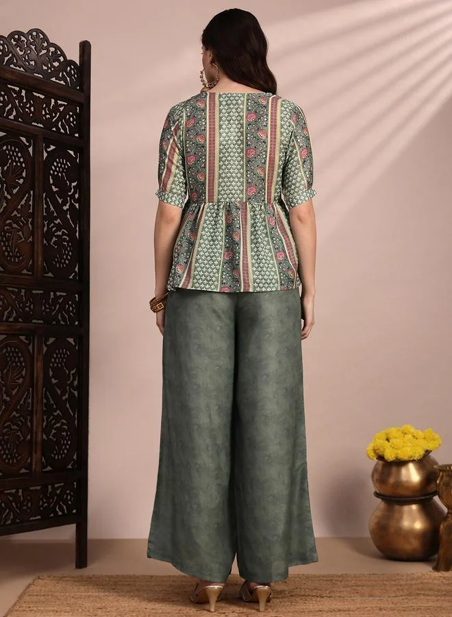 globus Women Ethnic Print Tunic and Wide Leg Trousers Fusion Co-Ords